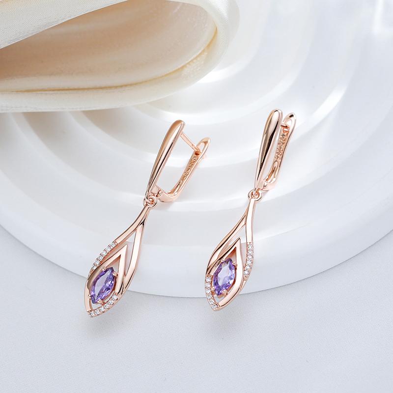 Shiny Purple Natural Zircon Long Dangle Earrings For Women  Rose Gold Color Vintage Ethnic Bride Daily Fine Jewelry