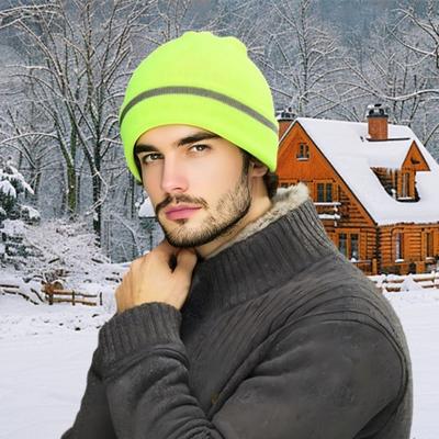 Knitting Hat Reflective Strip Design Warm Unisex Hat Outdoor Windproof Cold Resistance Elastic Hat Headwear
