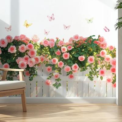Spring Pink Flowers Fence Removable Floral Wall Art Wall Decal Murals Peel And Stick