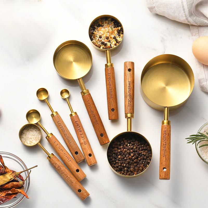 Stainless Steel Measuring Spoon Set Wooden Handle Spoons with Scale 8pcs Coffee Measuring Spoon Set Bartending Scale Accessories
