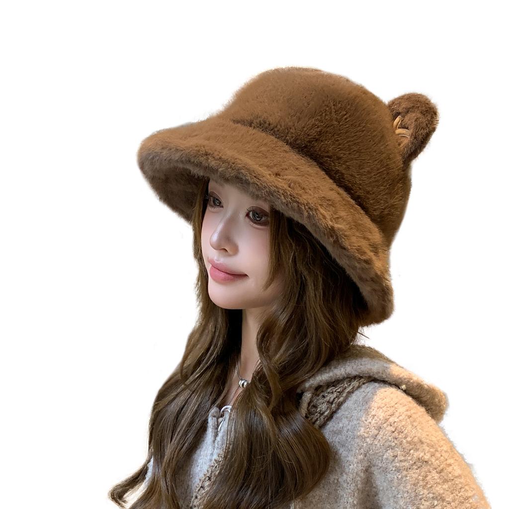 Cute Plush Ears Bucket Hat Women Winter Warm Faux Fur Basin Hat Fashion Casual Outdoor Fisherman Cap