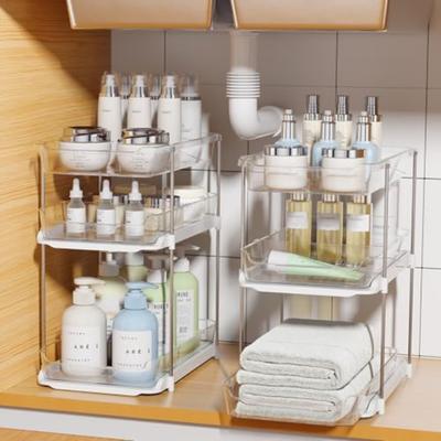 2 Sets of 3-Tier Under Sink Bathroom Organizers Clear Stackable Storage with Movable Dividers for Kitchen Pantry Cabinet Pull O