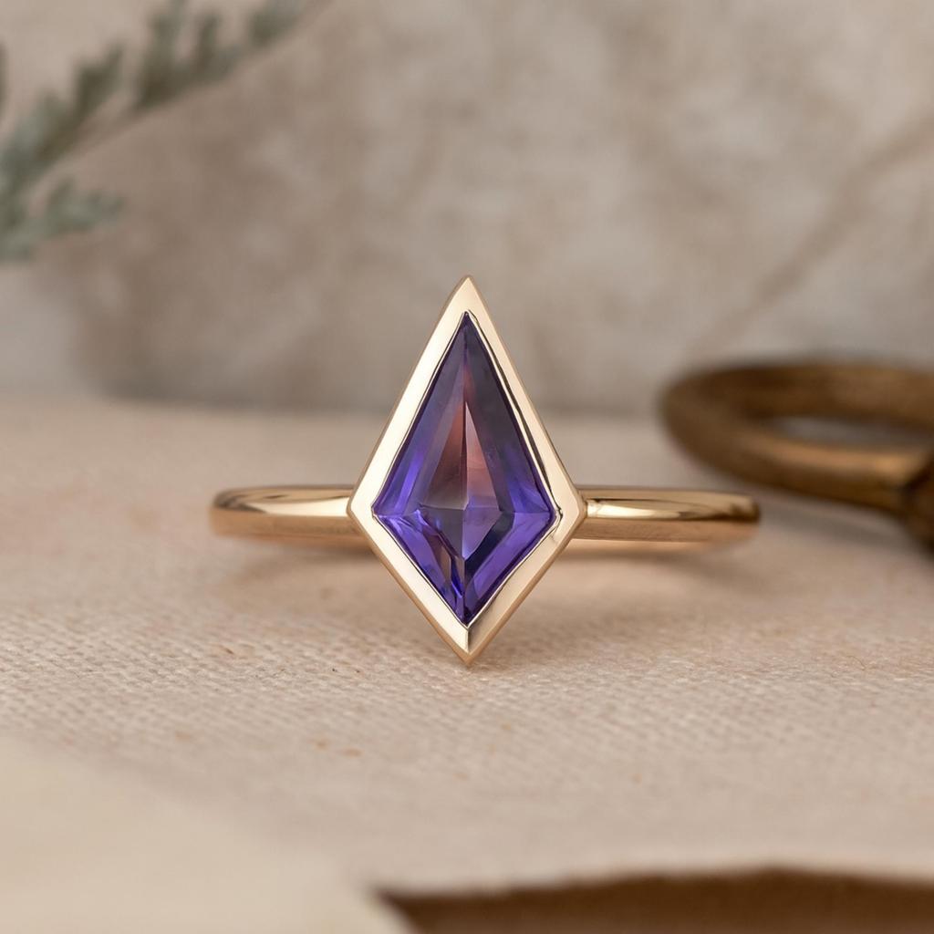 Kite Cut Amethyst Ring – Yellow Gold Plated 925 Sterling Silver Solitaire – February Birthstone Art Deco Minimalist Jewelry Gift for Her