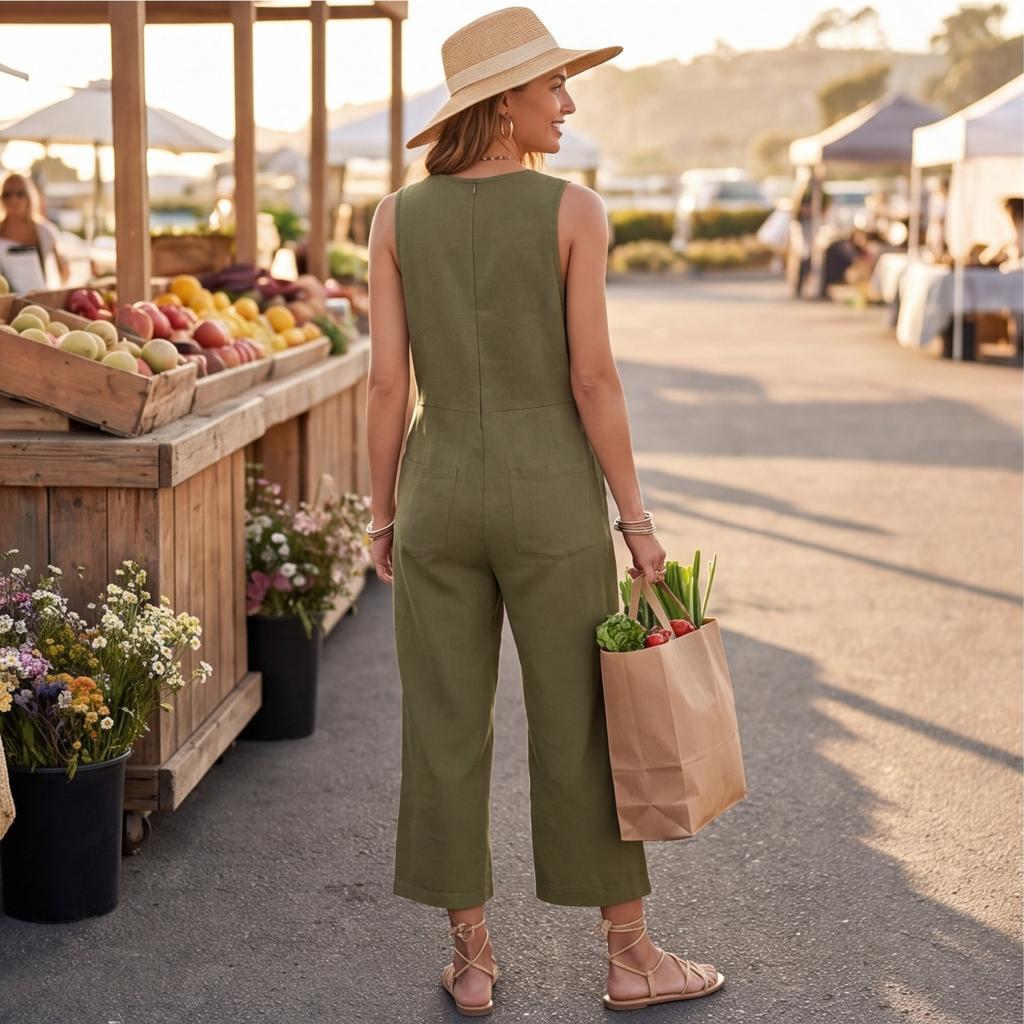 Modischer Damen-Jumpsuit mit Rundhalsausschnitt, Knöpfen, ärmellos, Tasche, lässig, Retro, weites Bein, Sieben-Viertel-Länge