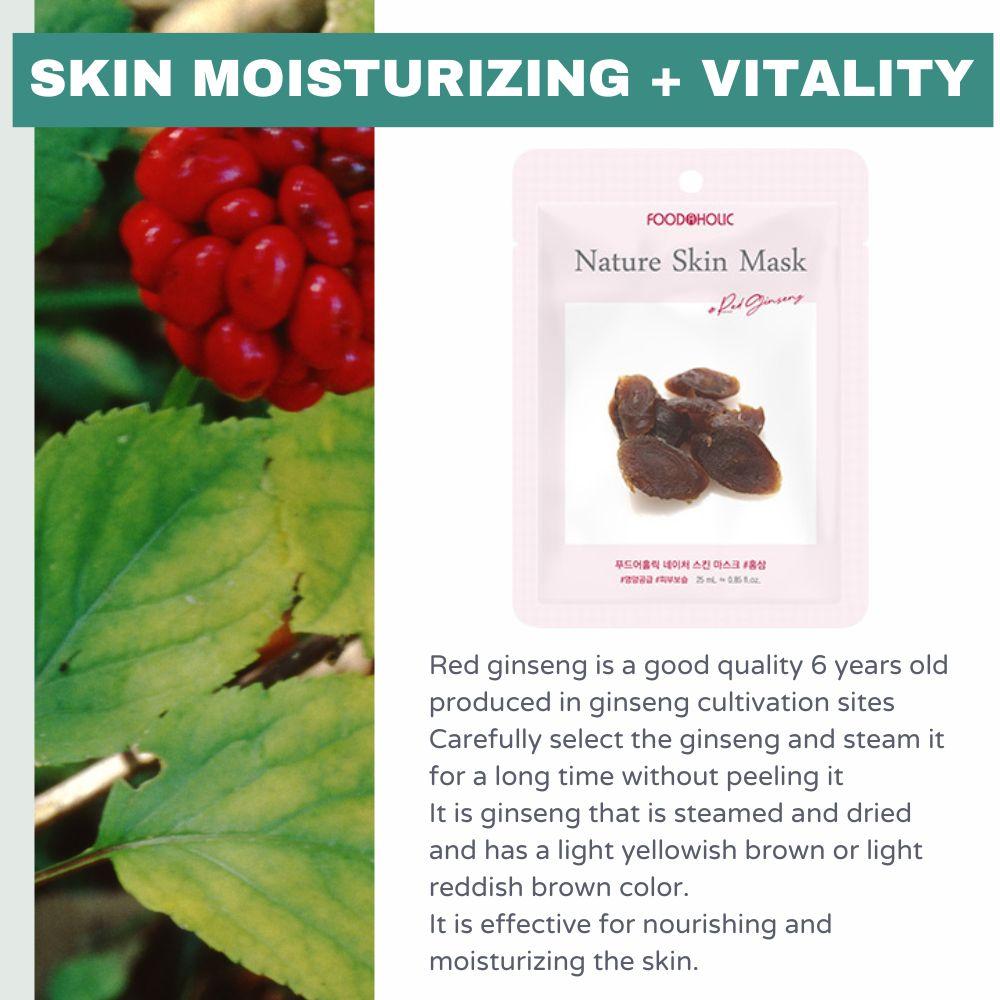 FoodaHolic Nature Skin Mask Red Ginseng 23ml X 10 Sheets - Vitalizing & Nourishing Facial Sheet Mask Pack for Firm and Healthy Skin(10 Sheets)