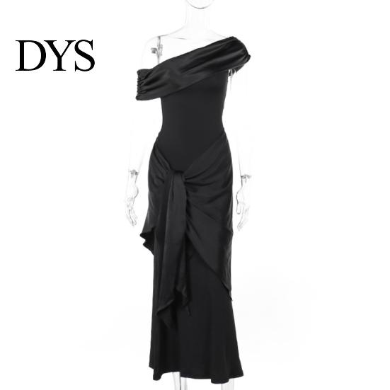 Solid Color Women Dress Lady Evening Slant Neck Off Shoulder Sleeveless Pleated Lace-up Sash Decor Long Irregular Design Slim Fit Prom Party