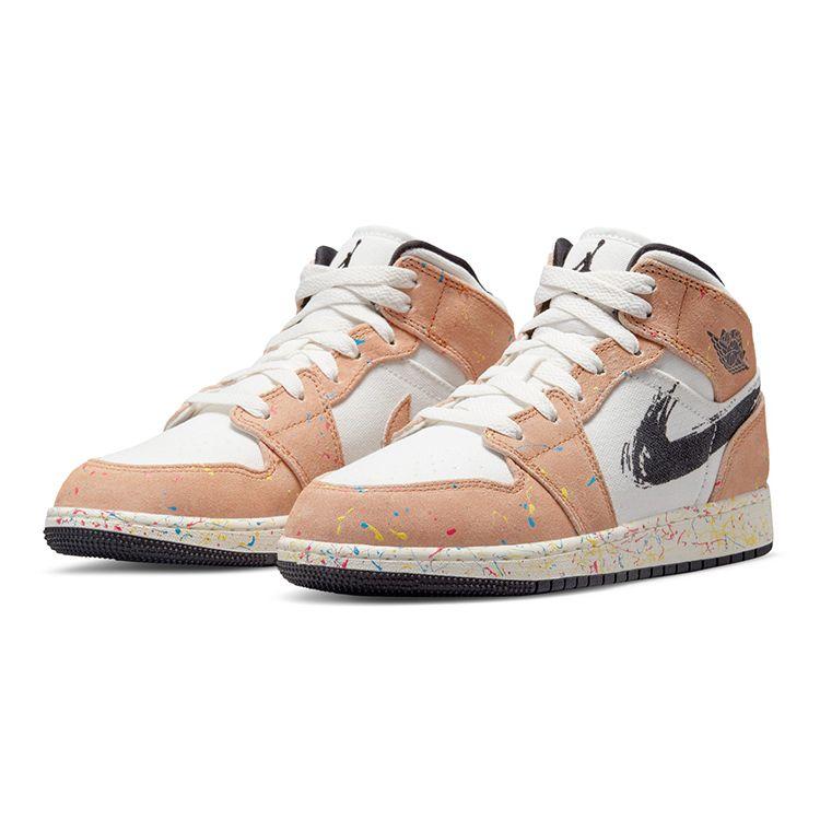 Air Jordan 1 Mid SE GS Brushstroke Paint Splatter Kids Sneakers White Sail Cider DA8006-100