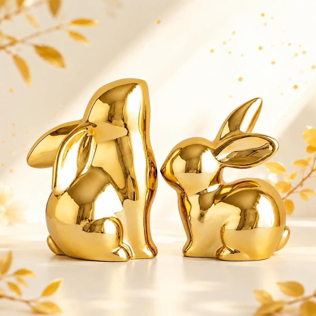 Ceramic Rabbit Figurines Set of 2, Gold Decorative Bunny Statues for Home Decor, Small Modern Animal Showpieces