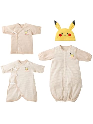 Inujirushi Honpo Monpoke Organic Baby Newborn Pregnancy Set: Short Undershirt, Combi Undershirt, Coveralls, and Hat, 4-Piece Set in Gift Box