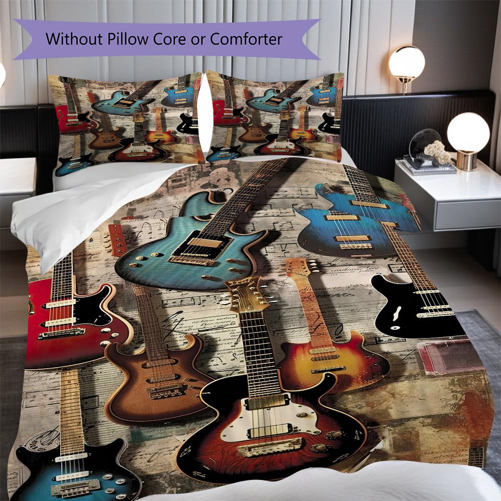 1PC Music, Guitar Theme Bedding Quilt Set Quilt Cover Pillowcase Home Decoration Birthday Gift (1 * Duvet Cover + 2 * Pillowcase, Without Core)