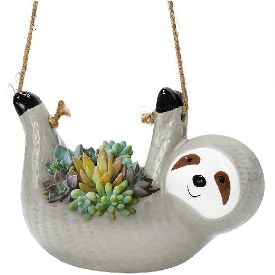 Sloth Ceramic Planter Pot, Succulent Hanging Planter, Sloth Hanging Plant Holder, Indoor Succulent Pot Planter Modern Flower Planter (Gray)