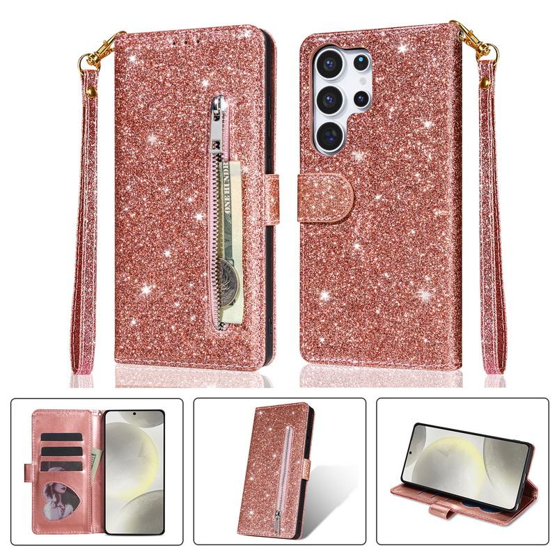 Custodia a Portafoglio Flip in Pelle con Zip Glitterata Per Samsung A57 A37 A17 A56 A36 A26 A16 A55 A35 A25 A15 A54 A34 5G S21 FE S22 S23 S24 Plus S25 Edge S26 Ultra