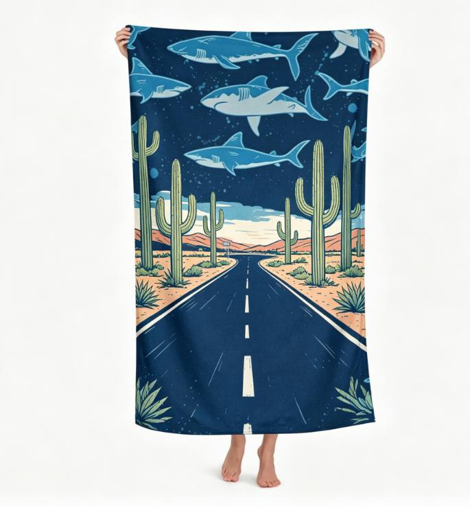 Oversized Microfiber Beach Towel, Blue Shark Ocean Splash Print, Quick Dry & Sand Resistant, for Summer Beach Pool Vacation