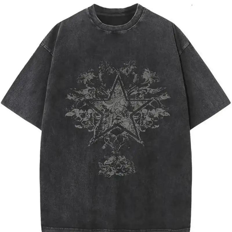 Cotton Short Sleeve Vintage Acid Wash Oversized Tops with Starburst Floral Graphic Retro Hip Hop Baggy Drop Shoulder Loose Tees