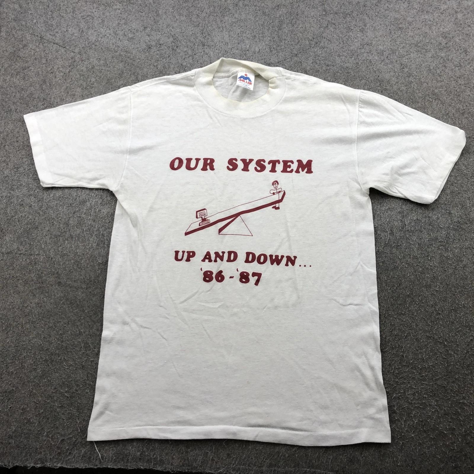 

Vintage Miller Shirt Mens Large White Our System Up and Down 86-87 Made USA 80s XL