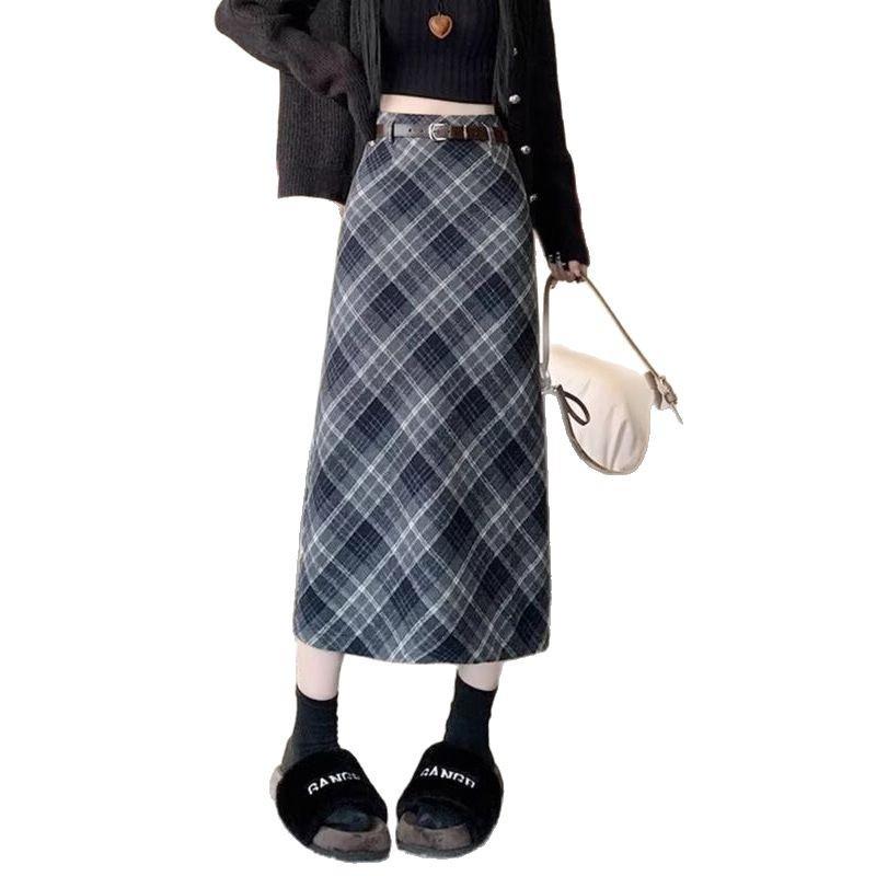 Classic plaid knit midi skirt high-waisted A-line, Fall/Spring, women's clothing.
