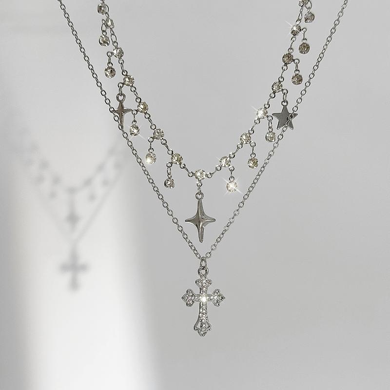 Punk Rock Silver Color Vortex Star Pendant Chain Layered Necklace For Women Men Charms Y2K Grunge Accessories Jewelry