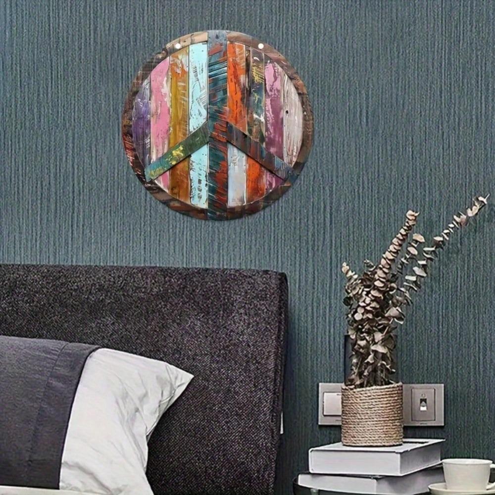 Vintage Peace Sign Metal Wall Art 8 Inch Round Hippie Floral Decor Scratch Proof