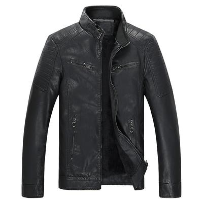 New Men's Fashionable Solid Color Leather Jacket Stand Collar Striped