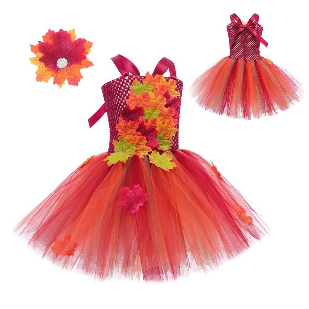 Maple Leaves Princess Dress with Hairpin Thanksgiving DayDress Fashion Dance Costumes  Dance