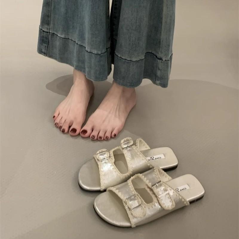Thick-soled lace Birkenstock sandals women's 2025 new summer wear non-slip square head belt buckle one-word beach shoes