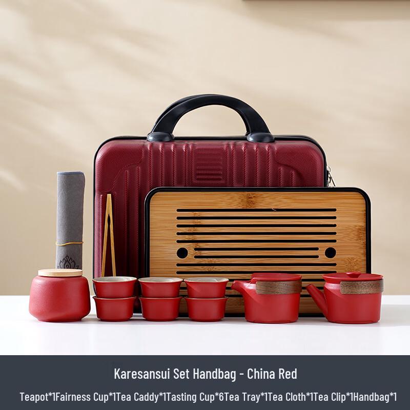 Lilang Chinese Red Ceramic Tea Set with Travel Case