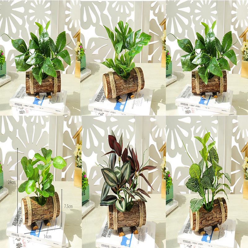 Creative Wooden Basin with Artificial Green Plant Bonsai Ornament for Display and Decoration.
