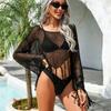 Women Hollow Out Long Sleeve Fringe Crochet Beach Bikini Cover Up
