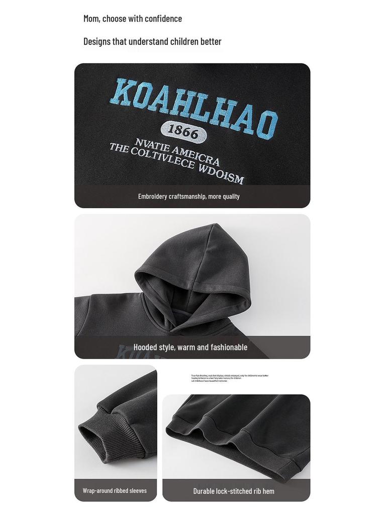 Boys' Fleece-Lined Hooded Sweatshirt - Winter 2025 Style, Thickened for Medium and Large Children