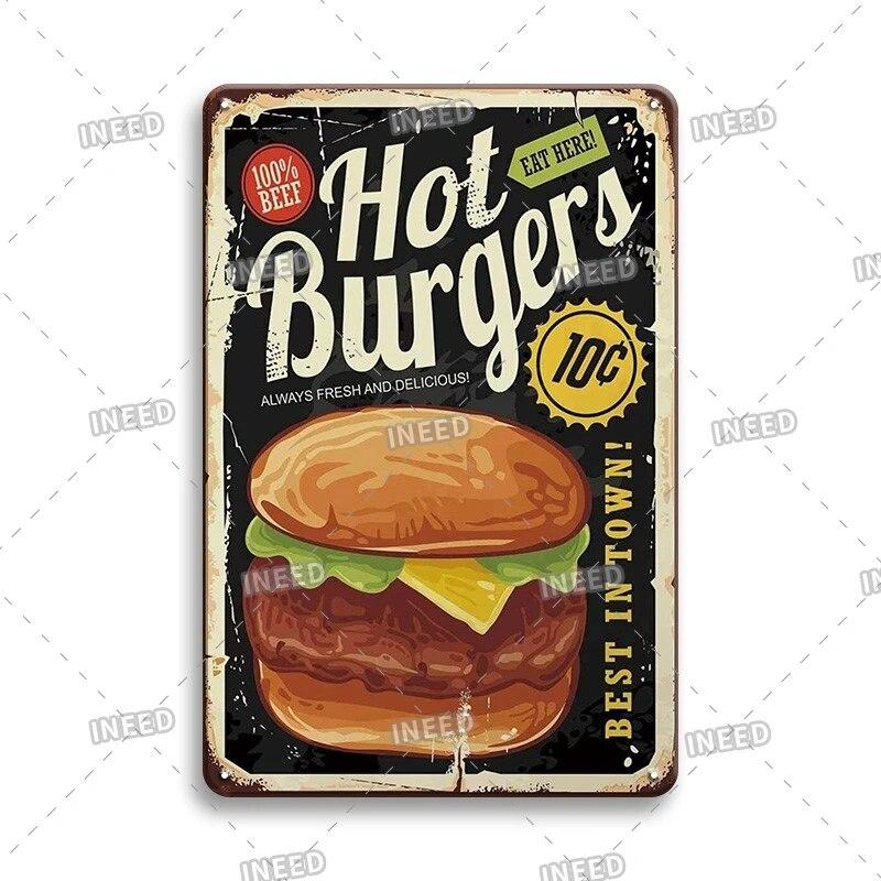 Burger Sign Best in Town 100% Beef BBQ Vintage Decor Hotdogs Kitchen Decorations Wall Plaque Retro Decor Vintage Food Sign