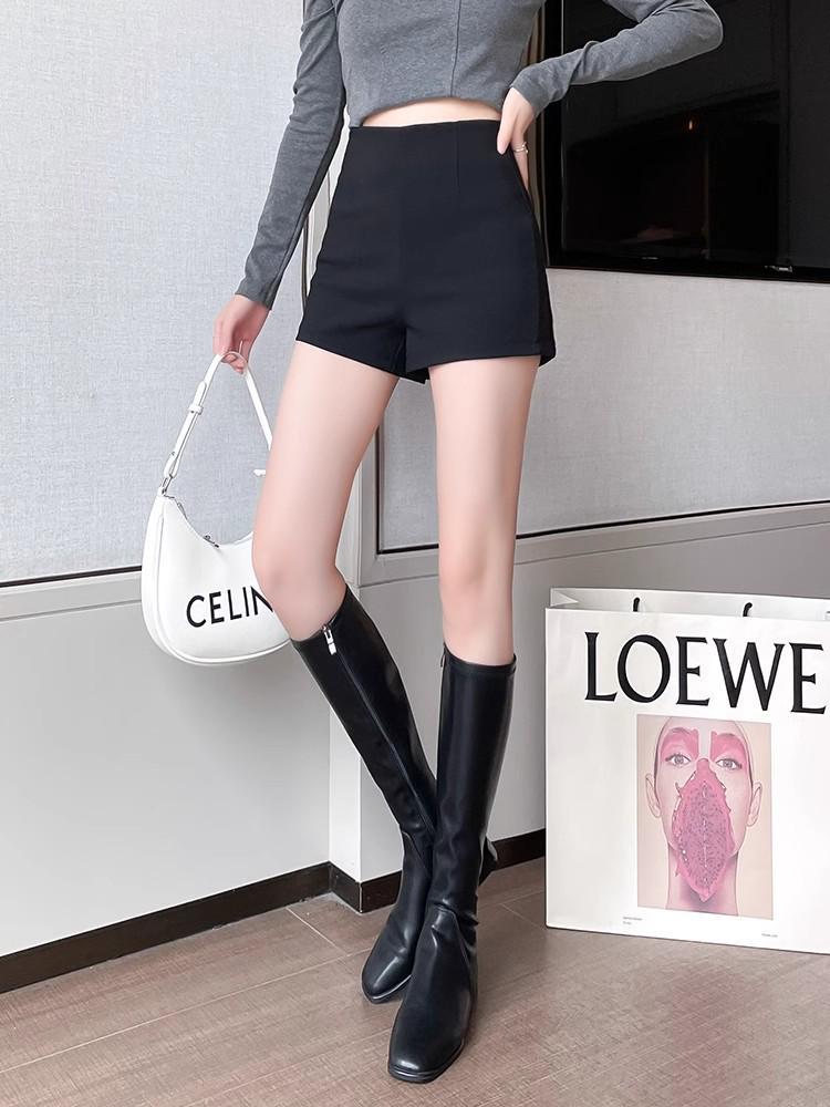 Women's Black High-Waisted Slimming Stretch Shorts - Petite Autumn Casual Sportswear