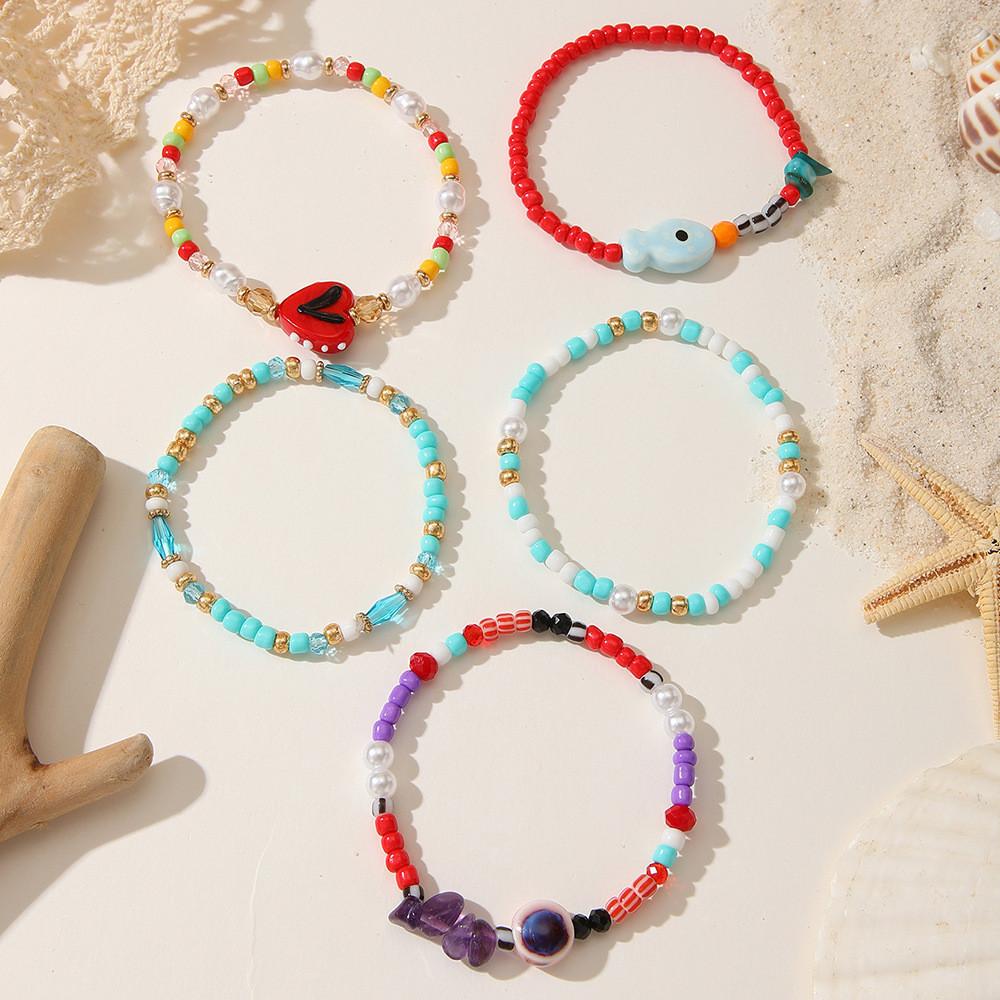 Bohemian Style Multicolored Glass Beaded Bracelet With Heart And Evil Eye For Vacation Gift For Women
