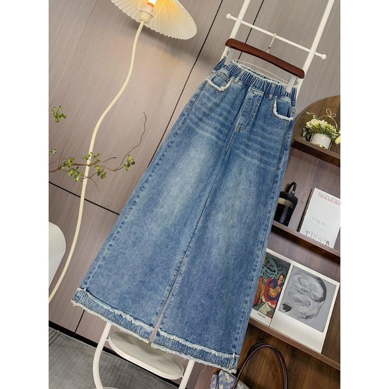 DIMANAF 2025 Plus Size Autumn Basic Elastic Jeans Wear out Pants Women Loose Denim Trousers Big Casual Blue  Pants 6XL