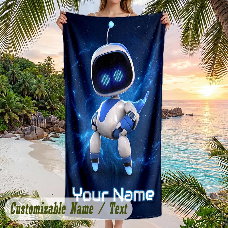 Astro Bot Beach Towel, Personalized Custom Text, Quick Dry Soft Large Towel For Swimming Pool Travel