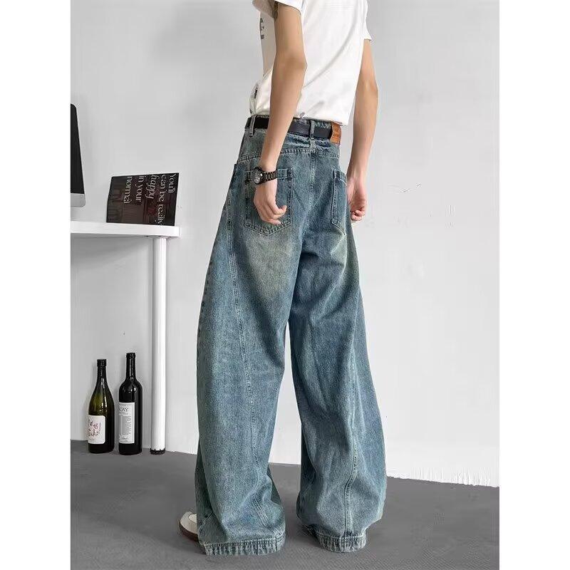 High Street Vibe Scimitar Wide-leg Jeans Men's Trend Cleanfit Splicing Loose Washing Old Mopping Pants