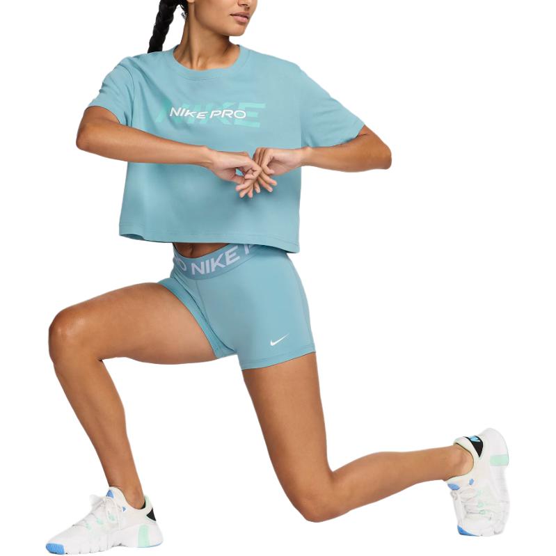 Nike Pro Letter Elastic Mid Waist Slim Fit Three Quarter Sports Shorts Women Shorts Denim-Blue CZ9857-464