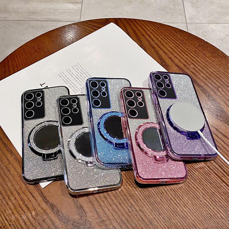 For Samsung Galaxy S22 Ultra Mirror Electroplate Lens Protector Case For Samsung S22 Plus Magnetic Bracket Bumper Glitter Cover