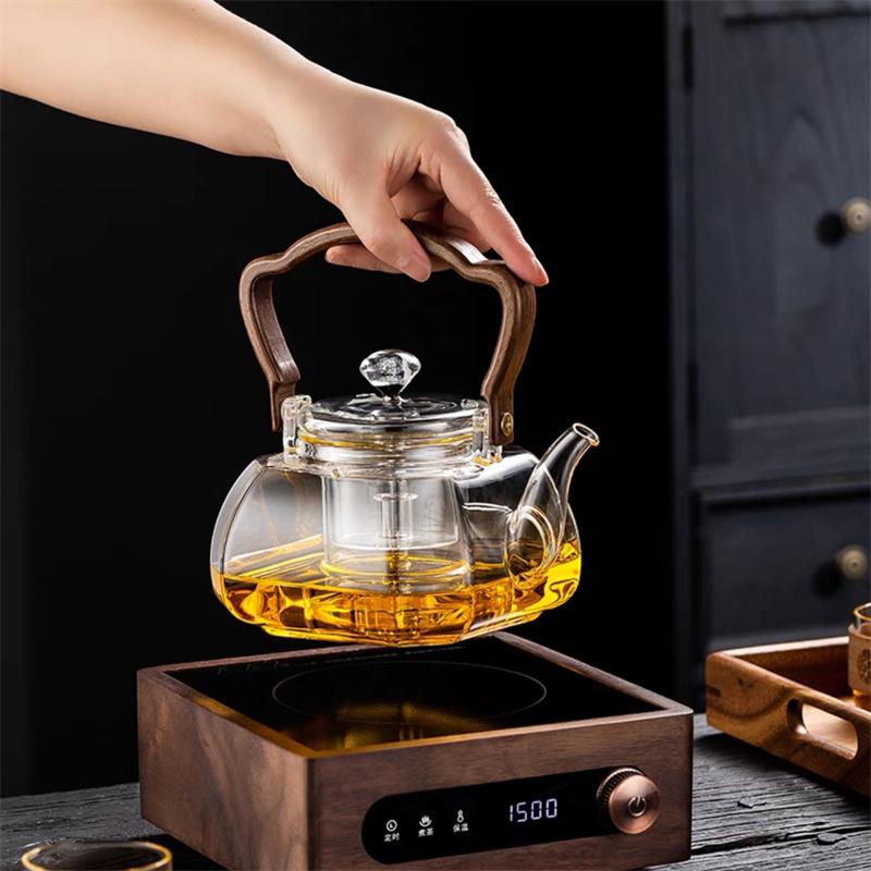 1000ML Octahedral Heat Resistant Glass Teapot Steaming and Boiling Dual-use Lifting Beam Tea Pot Glass Kettle Kung Fu Tea Set