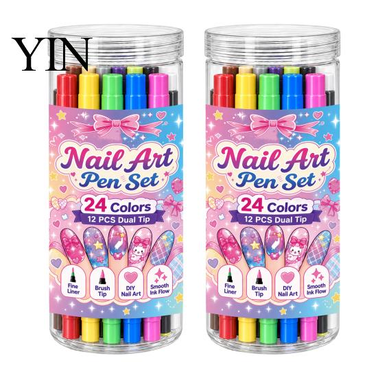 Creative Nail Art Accessories 12Pcs Dual Ended Pens Set, 24 Colors Markers with Double Brush Tips, Acrylic Quick Dry Water-Based Drawing Pen