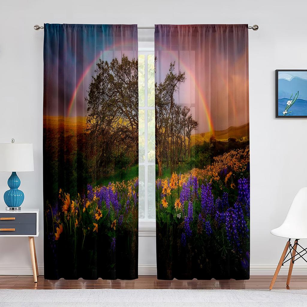 Idyllic Spring Meadow On The Mountains with Flowers Rainbow Sheer Voile Curtains for Living Room Kitchen Window Tulle Curtain