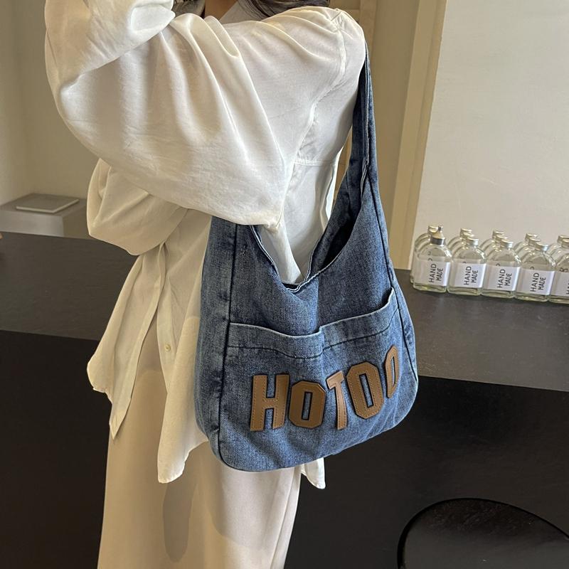 Student Shoulder Bag Letter Print Denim Bag Women's Large Capacity Commuter Tote Bag