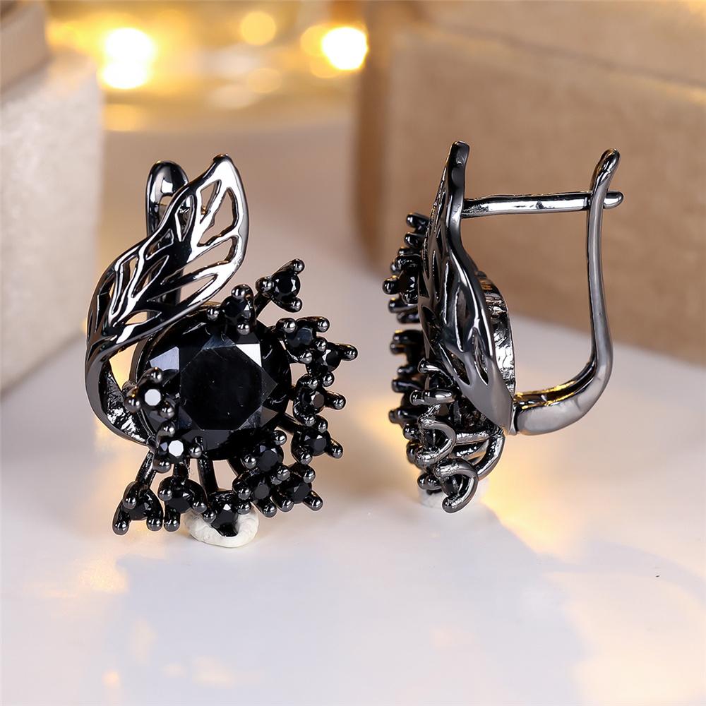 Cute Female Small Black Zircon Stone Hoop Earrings Vintage Fashion Wedding For Women
