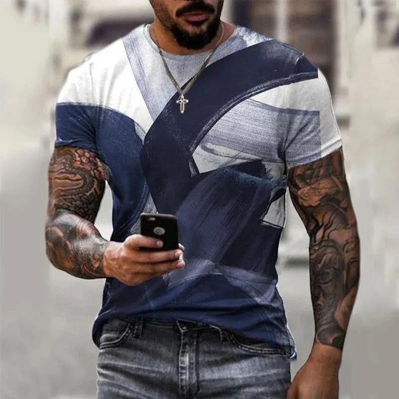 Vintage Color Block Pattern T-Shirt Men's Retro Stripe 3D Printed Short Sleeve Tees Unisex Oversized Street O-Neck Tops T Shirts
