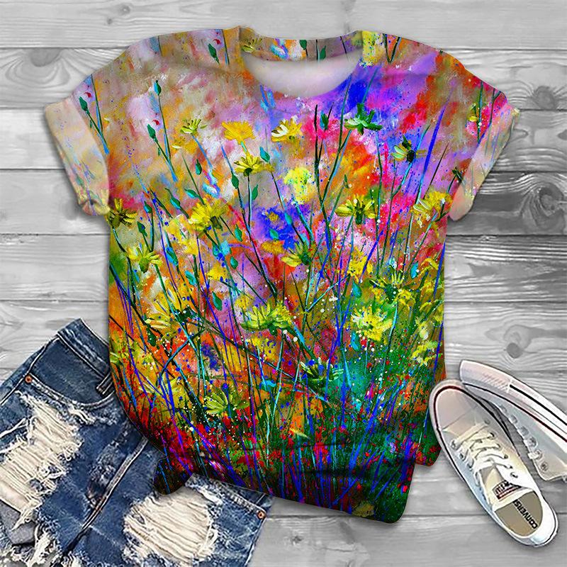 

Летняя женская футболка с 3D-цифровым принтом, узором розы, круглым вырезом, свободная футболка с рисунком из мультфильма XXL