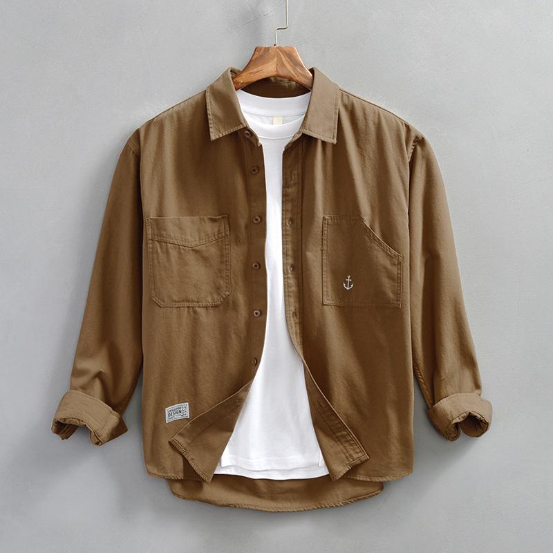 Japanese Style Cargo Long Sleeve Shirt Men Pure Cotton Casual Tops Double Pocket Workwear Spring and Summer Loose Shirts Male