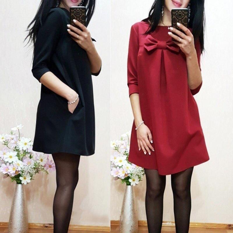 Elegant Cotton Blend Solid Color Dress With Sweet Bow Design For Stylish Commuters