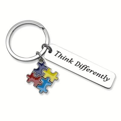 Autism Awareness Puzzle Keychain Enamel Colorful Jigsaw Think Differently Stainless Steel Key Chains Keyring
