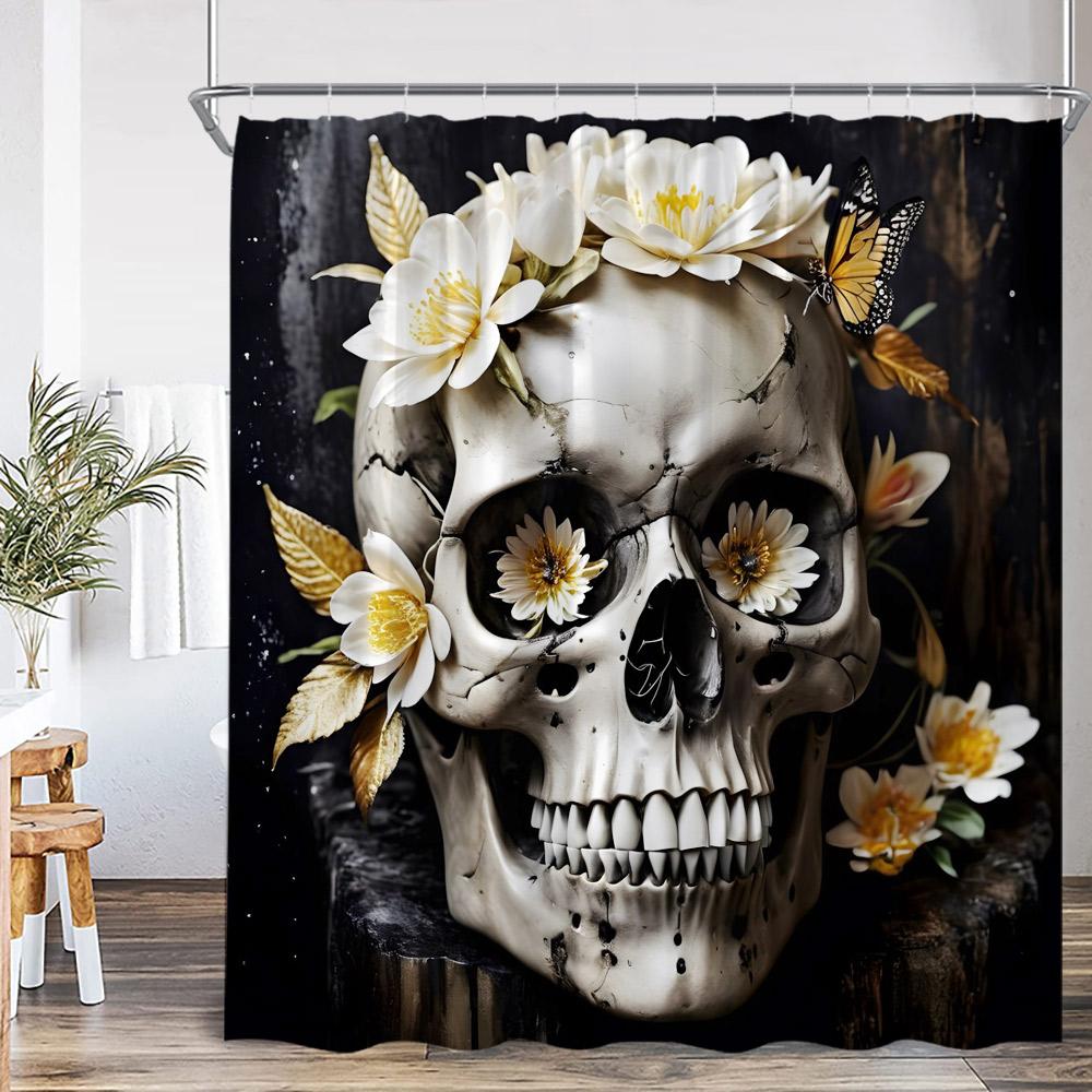 Schädel Halloween Duschvorhang Frohes Halloween Lustiges Skelett Rose Floral Badezimmer Dekor Polyesterstoff Duschvorhang Mit Haken