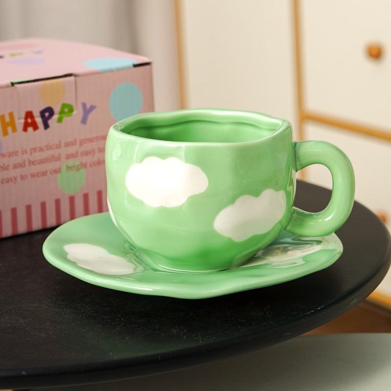 Blue Sky White Clouds Ceramic Mug and Saucer Set - Personalized Portable Coffee Cup for Couples
