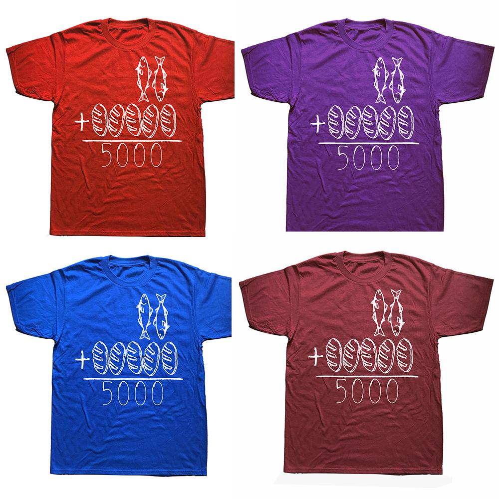 Funny Retro 2 Fishes 5 Breads Jesus Christian Bible Cotton T-Shirt Oversized Unisex Graphic Tees Men's Clothing Streetwear